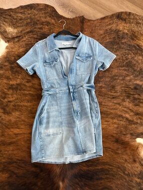 Good American Light Wash Denim Tie-Waist Mini Dress